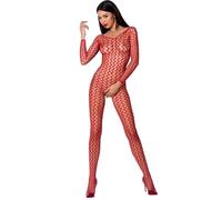 Bodystocking Passio Woman BS068 a Rete Maniche Lunghe - ONE SIZE - ROJO