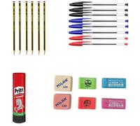 BOEMY Combo essenziale per l'home office: gomme, matite, colla e penne | 6 gomme Milano + 6 matite Staedtler + colla Pritt + 10 penne BIC