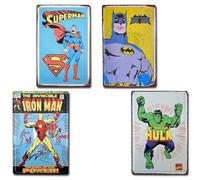 BOEMY Confezione da 4 fogli decorativi di Super Eroi, targhe in metallo stile retrò con personaggi dei fumetti: Batman, Thor, Hulk, Ironman e Superman, misure 20 x 30 cm