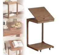 BOERYOU C-Table - Tavolino regolabile con ruote, tavolino da caffè multifunzione in legno massello, tavolo regolabile in legno, tavolino girevole a 360°, tavolino mobile per snack