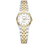 BOFAN Orologio da donna vintage dorato con lussuoso quadrante con diamanti, data e settimana, cinturino in acciaio inox, impermeabile. Strumento di regolazione incluso (bianco, due toni)