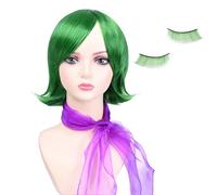 Bofeiya 3 pezzi Disgusto Flip parrucca - verde corto con sciarpa viola e ciglia finte per anime cosplay e costumi di Halloween
