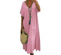 BOFETA Donne Abito Lungo Fluido con Vita Impero E Scollo A V Abito Lungo Oversize A Balze E dalla Linea Morbida con Maniche Corte Rosa XXL