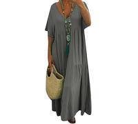 BOFETA Donne Abito Maxi Estivo Boho Lounge con Vita Impero Misto Cotone Ampio Maniche Corte Oversize Abito A Balze Grigio Scuro 4XL