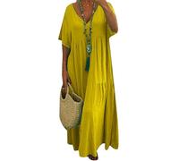 BOFETA Donne Abito Maxi Oversize Fluido in Cotone con Scollo A V Abito Swing Casual E Ampio con Maniche Corte per L'Estate Giallo 4XL