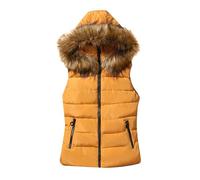 BOFETA Donne Faux Pelle Cappuccio Gilet Cappotti Inverno Classico Tasche Laterali Gilet Cappotti Giallo M