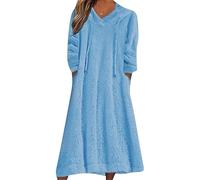BOFETA Donne Relaxed Fit Plain Color Fluffy Flannel Nightgown Splicing Pocket Warm Fleece House Dress Lago Blu L