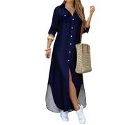 BOFETA Moda Pulsante Giù Maxi Camicia per Le Donne Collo A V Roll Up Abito Lungo Manica Estate Spiaggia Abito Lungo Blu Navy 3XL