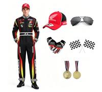 BOFITENG Costume da pilota da uomo e donna, per adulti, tuta da corsa, accessori con guanti, occhiali da sole, cappello, mini medaglie d'oro, bandierine, racer, cosplay, per Halloween, carnevale