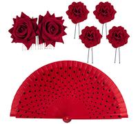 BOFUNX 5pcs Fiori per Capelli Donna Forcine per Capelli Rosse Fermaglio a Pettine per Capelli 1pc Ventaglio Rosso Accessori Rossi per Sposa Matrimonio Ballerina Flamenco Carnevale