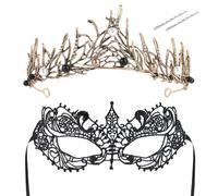 BOFUNX Corona Barocco Tiara Nera Corona Diadema Nera con Strass Maschera in Pizzo Maschera Carnevale Nera Donna Travestimento per Halloween Carnevale Cosplay Gotico