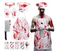 BOFUNX Costume Macellaio, Travestimento Insanguinato Halloween, Grembiule di Sangue + Accessori Macellaio Halloween per Cosplay Uomo Donna Adulti
