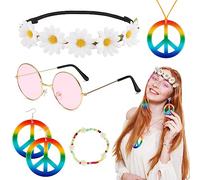 BOFUNX Hippie Costume Accessori Hippie Set Retrò Costume Anni 60 Anni 70 Cerchietto a Margherita Collana e Orecchini con Segno di Pace Occhiali da Festa Hippie Carnevale Cosplay
