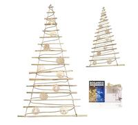 BOGATECO Albero di Natale fatto a mano, altezza 205 cm, con decorazioni, in legno di nocciola, ciondolo decorativo, con luci LED da 10 m, pannelli in legno collegati a una corda di iuta con uno