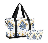 Bohemia Europen - Set di 2 borse con borsa da bagno per yoga, colore: blu dorato, motivo giglio, motivo floreale di giglio blu dorato, 1 misura, Motivo floreale di giglio blu dorato, 1 size