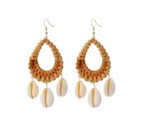 Bohemia - Orecchini pendenti da donna in rattan bianco e marrone, realizzati a mano, geometrici, rotondi, estivi, da spiaggia, Misura unica, Agata