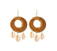 Bohemia - Orecchini pendenti da donna in rattan bianco e marrone, realizzati a mano, geometrici, rotondi, estivi, da spiaggia, Misura unica, Agata