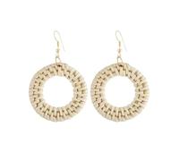Bohemia - Orecchini pendenti da donna in rattan bianco e marrone, realizzati a mano, geometrici, rotondi, estivi, da spiaggia, Misura unica, Agata