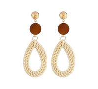 Bohemia - Orecchini pendenti da donna in rattan bianco e marrone, realizzati a mano, geometrici, rotondi, estivi, da spiaggia, Misura unica, Agata