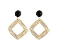 Bohemia - Orecchini pendenti da donna in rattan bianco e marrone, realizzati a mano, geometrici, rotondi, estivi, da spiaggia, Misura unica, Agata