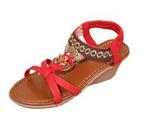 Bohemia, sandali da donna con strass, eleganti scarpe basse, per il tempo libero, con perline di strass, casual, alla caviglia, elastiche, infradito per interni ed esterni, Colore: rosso, 43 EU