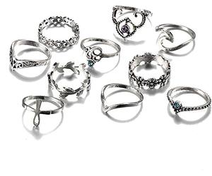 Bohemian 10Pcs / Set Anelli d'Argento Vintage Stack Blue Women sopra Gli Anelli Set Anelli Anelli per Il Pollice Donne Convenient Design