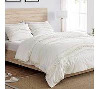 Bohemian Boho Chic Ivory Macrame Tufted Tassel 3 pc. Full / Queen Size Bed Bedding Set Duvet Comforter Cover Sham Solid Cream Textured Minimalist Off White Cotton Fringe Farmhouse Indie Neutral Rustic