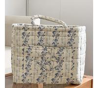 Bohemian Chic Style Quilted Floral Storage Basket, Bohemian Chic Quilted Fabric Storage Basket with Handles & Pocket, Large Capacity Collapsible Fabric Organizer for Home, Picnic, Travel (Vines,E)