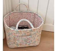 Bohemian Chic Style Quilted Floral Storage Basket, Bohemian Chic Quilted Fabric Storage Basket with Handles & Pocket, Large Capacity Collapsible Fabric Organizer for Home, Picnic, Travel (Flowers,A)