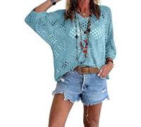 Bohemian Crochet Top for Women V-Neck, Lightweight, Breathable Summer Cover-Up, Boho Chic Layering for Beach, Festival (Sea Blue,5XL)