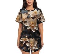 Bohemian Golden Lotus pigiama da donna a maniche corte set morbido frontale pattina 3 bottoni lounge wear stampa pigiameria S-4XL, Nero, 3XL