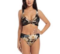 Bohemian Golden Lotus Print - Bikini da donna con scollo a V, due pezzi, per spiaggia e piscina, nero, M