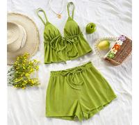 Bohémien, Boho, Floral romantique, Vacances, Nouveau haut texturé vert tricoté réglable + pantalon avec volants, Tenue polyvalente pour les vacances, le thé de l'après-midi, la rue, les fêtes, les fes