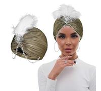 Bohend Fiore Strass Turbante cap Berretto con Perle Vintage Bonnet Pieghettato Pre-Legato Donne Spilla Piuma Copricapo Cappello (Oro)