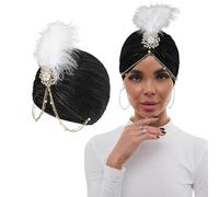 Bohend Fiore Strass Turbante cap Berretto con Perle Vintage Bonnet Pieghettato Pre-Legato Donne Spilla Piuma Copricapo Cappello (Scuro)