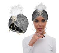 Bohend Fiore Strass Turbante cap Berretto con Perle Vintage Bonnet Pieghettato Pre-Legato Donne Spilla Piuma Copricapo Cappello (Argento)