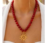 BOHO 1 pezzo Collana lunga con ciondolo sole grande esagerato e nappe, stile vintage francese elegante, hip-hop bohémien da vacanza, con perline colorate e dettagli bling bling, bordeaux, set personal