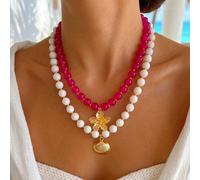 BOHO 2pcs/1 pezzo Collana lunga con più pendenti e nappe, stile vintage francese elegante, hip-hop bohémien da vacanza, con perline rotonde colorate bling bling, rosso rosa, bianco, blu lago, colori c