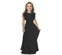 Boho Abito lungo in pizzo per bambini, in chiffon, con cintura e maniche corte, a farfalla/chic, linea ad A, per comunione, damigelle d'onore, per ragazze 2-12 anni, Schwarz, 10-11 Anni