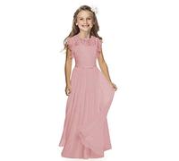 Boho Abito lungo in pizzo per bambini, in chiffon, con cintura e maniche corte, a farfalla/chic, linea ad A, per comunione, damigelle d'onore, abiti da cerimonia per bambine, per ragazze 2-12 anni