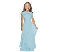 Boho Abito lungo in pizzo per bambini, in chiffon, con cintura e maniche corte, a farfalla/chic, linea ad A, per comunione, damigelle d'onore, abiti da cerimonia per bambine, per ragazze 2-12 anni