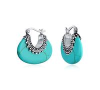 Orecchini a cerchio a mezzaluna ovale in stile tribale Boho Bali con turchese stabilizzato blu per donne in argento sterling 925 con perline di caviale milgrain ossidato.