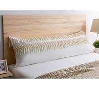 Boho Bohemian Macrame Tassel Ivory accent decorative couch long throw zipper body pillow cover case 54x20 Off White Cream Beige Cotton Fringe Knit Luxury Farmhouse Textured Rustic Tufted Room Decor