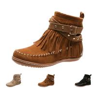 Boho Boots For Women Vintage Casual Tassel Fringe Suede Wide Round Toe Ankle Booties With Side Zipper Fashion Bohemian Slip On Flats Anti Skid Winter Mid Calf (Brown,41)