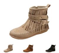 Boho Boots For Women Vintage Casual Tassel Fringe Suede Wide Round Toe Ankle Booties With Side Zipper Fashion Bohemian Slip On Flats Anti Skid Winter Mid Calf (Beige,37)