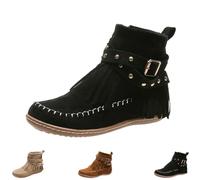 Boho Boots For Women Vintage Casual Tassel Fringe Suede Wide Round Toe Ankle Booties With Side Zipper Fashion Bohemian Slip On Flats Anti Skid Winter Mid Calf (Black,39)