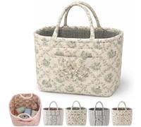 Boho-Chic Quilted Floral Storage Basket, Large Capacity Floral Foldable Organizer Bag, Quilted Car Storage Basket With Handles and Side Pockets, for Home, Travel, Picnic, Shopping, Laundry