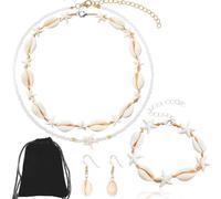 Boho Collana Conchiglie Girocollo Bracciale Conchiglie Donna Orecchini Pendenti Stella Marina Perline Collana Braccialetto Conchiglia Hawaiana Colorate Bohémien Parure Gioielli Estiva Handmade 4 Pezzi