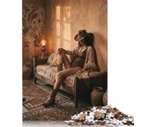 Boho Cowgirl Lounge Puzzle 1000 Pezzi, Ritratto rustico del ranch | Modello di frontiera del deserto, Stile occidentale vintage, Gioco, Regalo, Motivo Decorativo, 14+, 70x50cm.