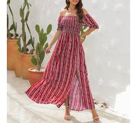 Boho Donna Stampa a Strisce Abito Lungo Spento Spalla Sexy Split Casual Spiaggia